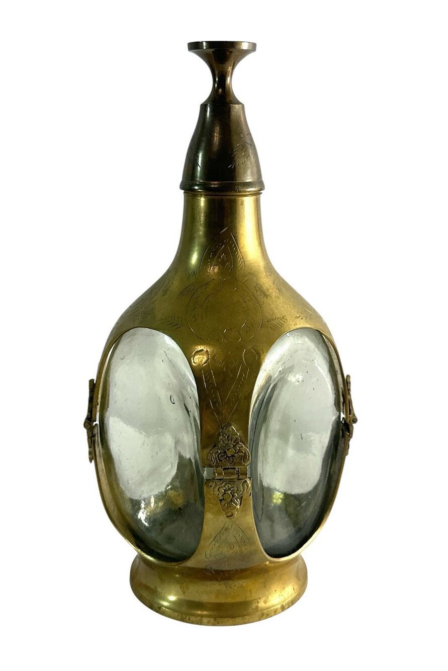 Vintage Indian Solid Brass & Glass Liquor Decanter Flask with Cup Stopper 10”